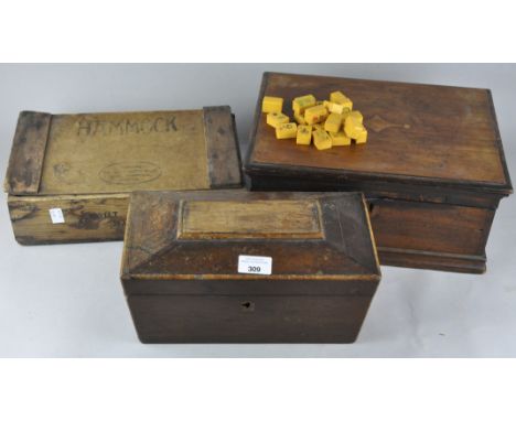 A Victorian mahogany work box, rosewood tea caddy and an egg box, the largest 35cm wide