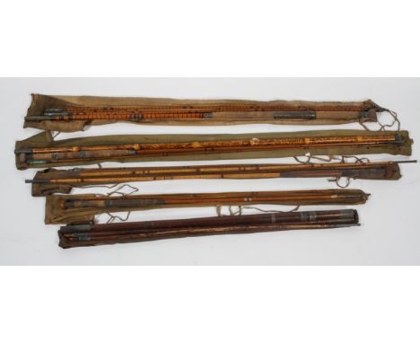 A collection of vintage fishing rods (split cane), including wooden and wooden and malacca examples, some Hardy Bros and H Mo