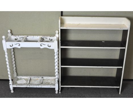 A white painted bookcase, 92cm high x 77cm wide, together with a similar stick stand with barley twist supports