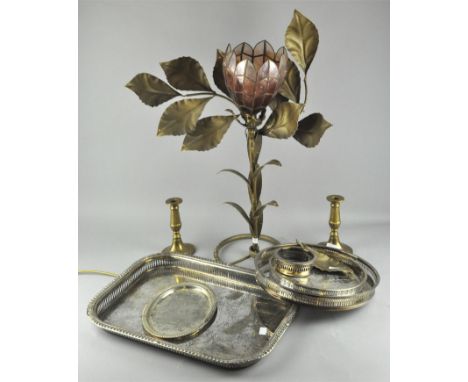 A group of four silver plated trays, largest 34cm x 48cm; together with a gold painted lamp