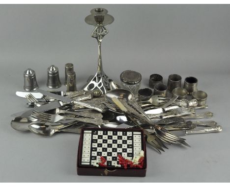 A collection of silver plate flatware and some silver lidded pot etc