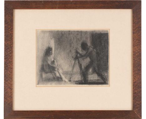 Harry Holland (b.1941), ‘The Photographer’, a charcoal sketch on paper, text verso reading 'From Nick Treadwell's Gallery', 1