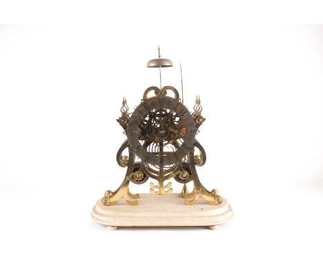 A large late 19th-century 8-day twin fusee skeleton mantle clock. Chiming the hours and with a passing strike on the half-hou