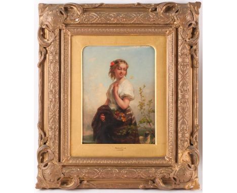 Josephine Wood Colby (1862-1930), 'Springtime', a three-quarter length portrait of a shepherdess, flowers gathered in her ski