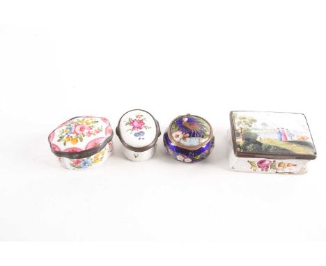 Four enamel snuff boxes, comprising an 18th century example, painted with two ladies and a gentleman fishing by a lake, two e