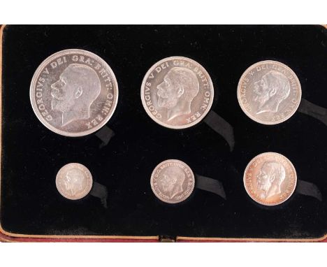 A Geo V Wreath Crown six coin proof set, 1927, wreath crown - 3d, in original gilt decorated red leather caseGrade almost EF+