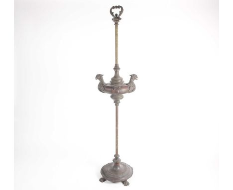 A 19th-century brass oil standard lamp with loop handle above a circular reservoir, with a pair of eagle-head burners on cent