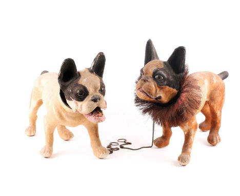 A Papier-mâché French Bulldog in the manner of Roullet-Decamps, with articulated jaw, barking via the chain leash, with brist