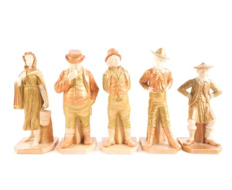 A group of five Royal Worcester shot enamel porcelain figures emblematic of nations of the world, comprising 'Paddy', 'Coleen