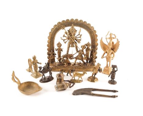 A group of Indian brass figures, 19th/20th century, to include a large Durga group with acolytes, all beneath a wirework arch