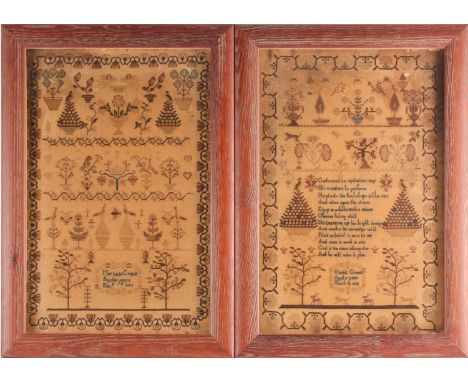 A pair of English George III needlework samplers, completed by sisters Harriot Crouch (aged 11 years) and Mary Ann Crouch (ag