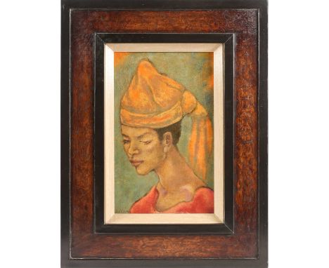 George Biddle (1885-1973) American, portrait of a woman wearing a head-dress, oil on board, signed and dated 1954 lower left