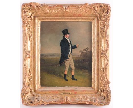 19th century English School, a full length profile portrait of a gentleman in fox hunting attire, unsigned, oil on panel, the
