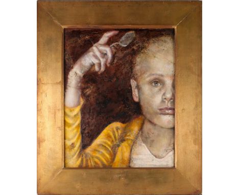 Pam Hawkes (contemporary), 'Absit', 2002, a portrait of a child with a spoon, oil and wax on canvas, laid on board, 72 cm x 5