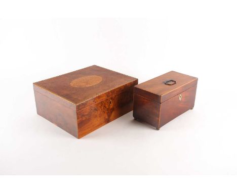 A Geo III amboyna table box, with a burr sycamore oval medallion with boxwood and ebony stringing, 30.5cm wide, 13cm high, 25