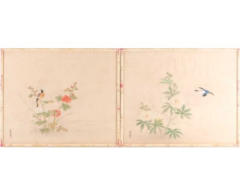 A set of four Chinese watercolours, Qing, painted with birds and blossoming flowers, signed Zhou...., and with chop seal mark