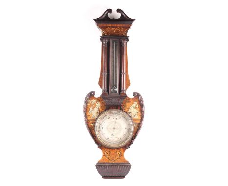 An early 20th century mahogany and inlaid aneroid barometer, signed 'A. Franks, Manchester', with broken scroll pediment, ove