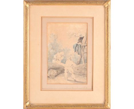 Follower of Thomas Gainsborough RA (1727-1788), two figures sawing a fallen tree trunk, pen and watercolour, bearing a signat