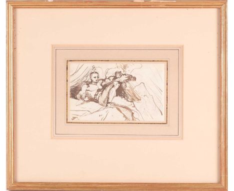 Follower of Charles Landseer (1799-1879), a sketch of a reclining male figure, pen and ink on paper, 10 cm x 15.5 cm, framed 