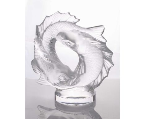 A Lalique double fish sculpture of a pair of writhing fish on a circular base, 28 cm high x 25 cm wide.Footnote: This figure 