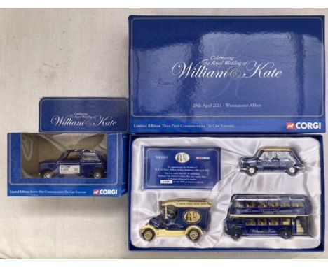 Corgi: Royal Commemorative set of the wedding William and Kate from 2011. Containing Bullnose Van, Bristol Bus and Austin Min