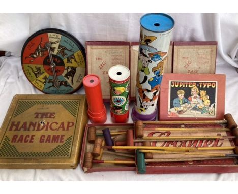 Toys: A vintage toy collection to include three Zig zag puzzles, Tinplate Handicao race game, three kaleidoscope by Chad Vall