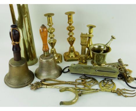 COLLECTION OF VINTAGE BRASS, including WWI artillery shell with presentation inscription dated 1919, three candlesticks, Salt