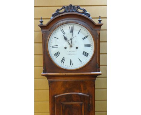 19TH CENTURY IRISH MAHOGANY LONGCASE CLOCK, J. WILLIAMS, LONDONDERRY, arched hood enclosing painted 12-inch Roman dial with s