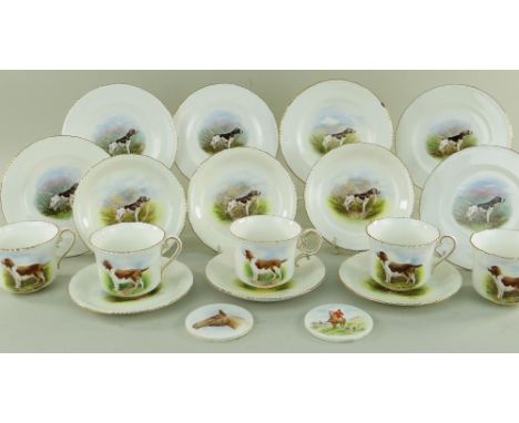 ROYAL CROWN DERBY FIELD SPORTS CHINA, comprising five teacups, six saucers and plates, decorated by J. Barlow with gundogs an