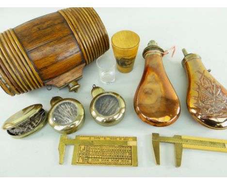 GROUP OF GENTLEMEN'S ACCESSORIES including two copper shot flasks, oak and wicker costrel, brass snuff box and two watch case