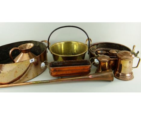 COLLECTION OF VINTAGE COPPER VESSELS, including two long handled sauce pans, brass swing-handled conserve pan, three lidded t