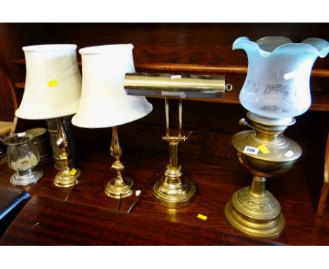 ASSORTED LIGHTING including pair of brass candlestick table lamps, an oil lamp with frosted shades (lacks funnel), 3 candle h