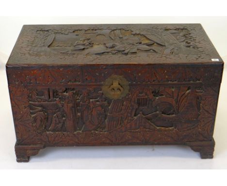 VINTAGE CHINESE CARVED CAMPHOR WOOD CHEST, 98cms wide
