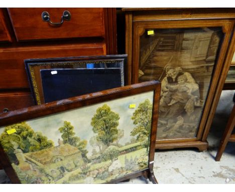 LATE VICTORIAN ROSEWOOD MARQUETRY MUSIC CABINET with later needlework glazed door, needlepoint fire screen and mahogany wall 