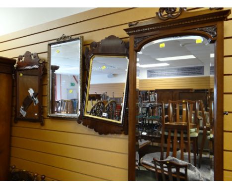 FOUR ASSORTED WALL MIRRORS including two Georgian-style fret mirrors and a Victorian mahogany cheval mirror without frame (4)