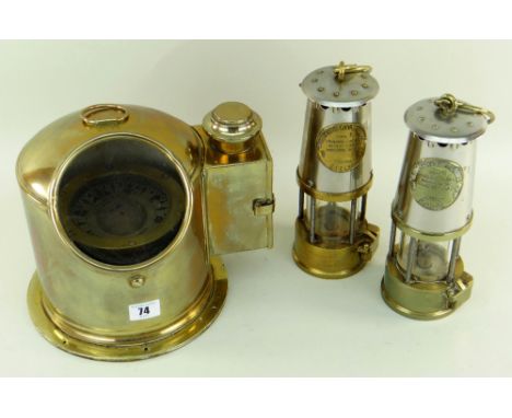 VINTAGE J. D. LANG (GLASGOW) BINNACLE COMPASS, NO.8819, with removable spirit lamp casing to side, 22cms high and two Eccles 