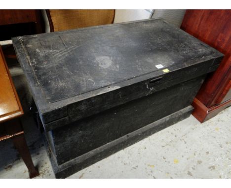 VINTAGE MAHOGANY TOOL CHEST, fitted interior of narrow drawers, black painted and metal bound exterior, 91cms wide
