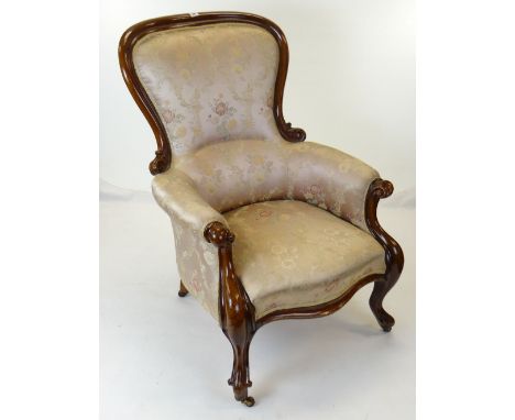 GOOD VICTORIAN WALNUT ARMCHAIR, ivory brocade upholstered back, seat and arms, scrolled uprights, castors, 103cms high Condit