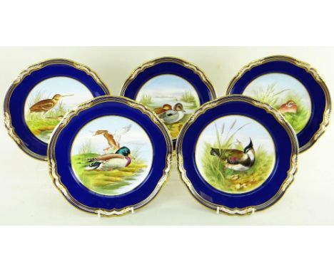 SPODE FIELD SPORTS CHINA, comprising set of five cabinet plates decorated with game birds, A. Wallis, U. Burndred, E. Ellis, 