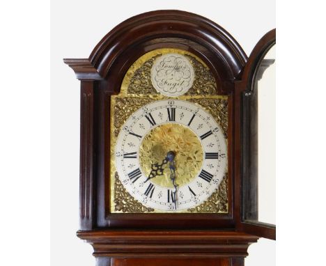 20TH CENTURY MAHOGANY DWARF MUSICAL LONGCASE CLOCK, three-train weight driven movement striking four gongs, antique-style bra