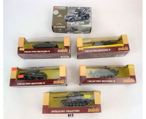 1 x Corgi Classics Fighting Vehicles US Army Diamond T Wrecker &amp; 5 Solido Collection Militaire II tanks, all boxed