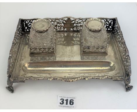 Silver inkwell stand with 2 glass/silver topped ink bottles (pin missing on lid of 1 bottle), 9" x 6" x 2.5" high, total w: 1