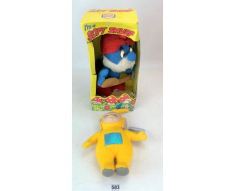 Chad Valley Soft Smurf in box (box damaged) and Golden Bear Teletubby Laa-laa