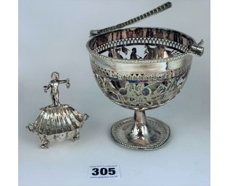 Unmarked metal basket with Roman soldiers design, 5" high (damaged) and novelty table salt dish with putti 3.5" high (possibl