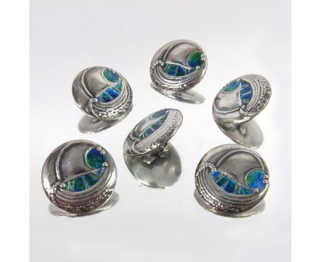 Bernard Cuzner (attributed) for Liberty and Co., a set of six enamelled silver buttons, Birmingham 1907, modelled in relief w