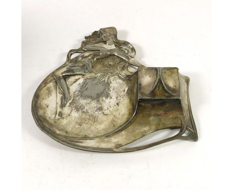 WMF, a Jugendstil silver plated ink stand, model 232, the square section hinged well, with a relief moulded nude woman and si