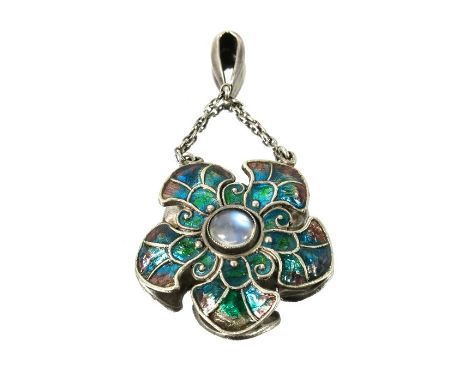 Liberty and Co. (attributed), an Arts and Crafts silver and enamelled pendant, set ith central moonstone within a cloisonne f