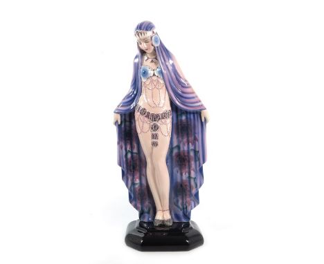 Josef Lorenzl for Goldscheider, a large figure of a dancer in cloak, model 5927, circa 1929, purple with pink flowers, incise