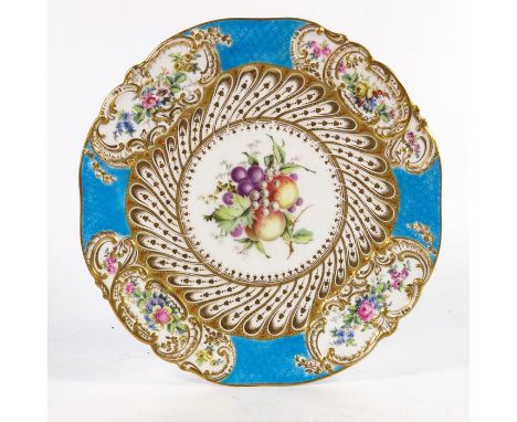 A Copeland Spode jewelled part dessert service, relief moulded Rococo cartouches with floral sprays on a turquoise fish scale