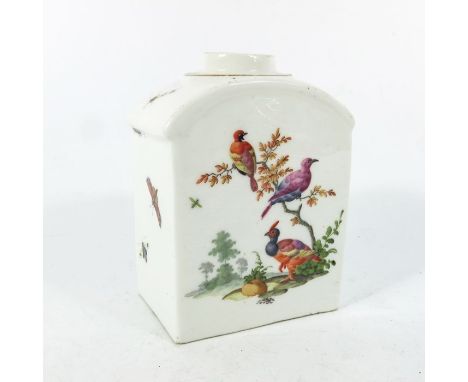 A Meissen tea caddy, circa 1740, painted with birds and insects, cuboid form, 10cm high